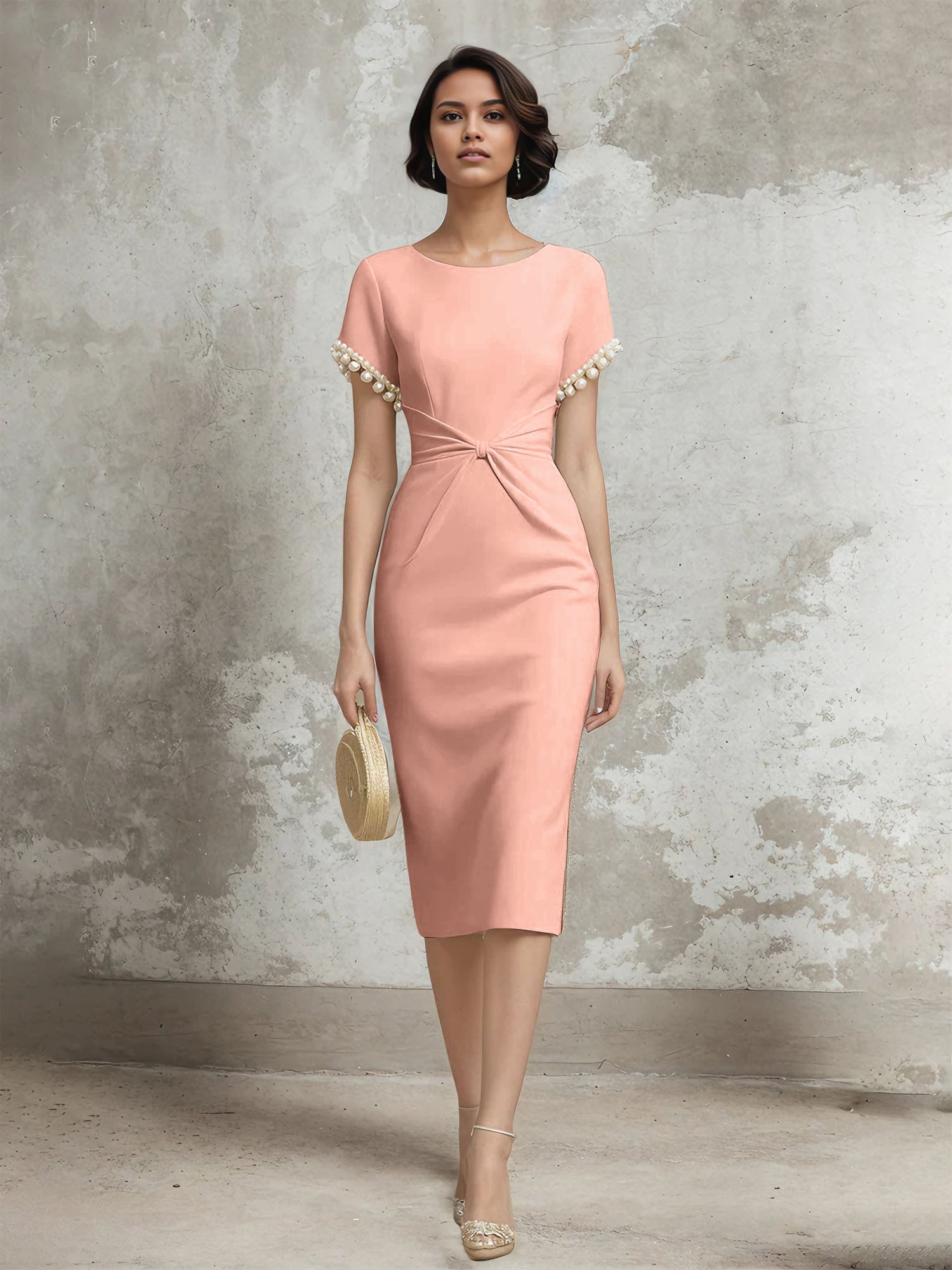 Column Short Sleeve Tea Length Dress With Pearls