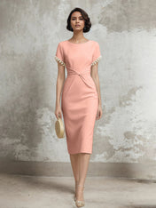 White Stretch Crepe Sheath/Column Short Sleeve Tea Length Dress With Pearls