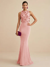 Deep Fuchsia Sleeveless High Neck 3D Floral Mermaid Formal Gown Evening Dress