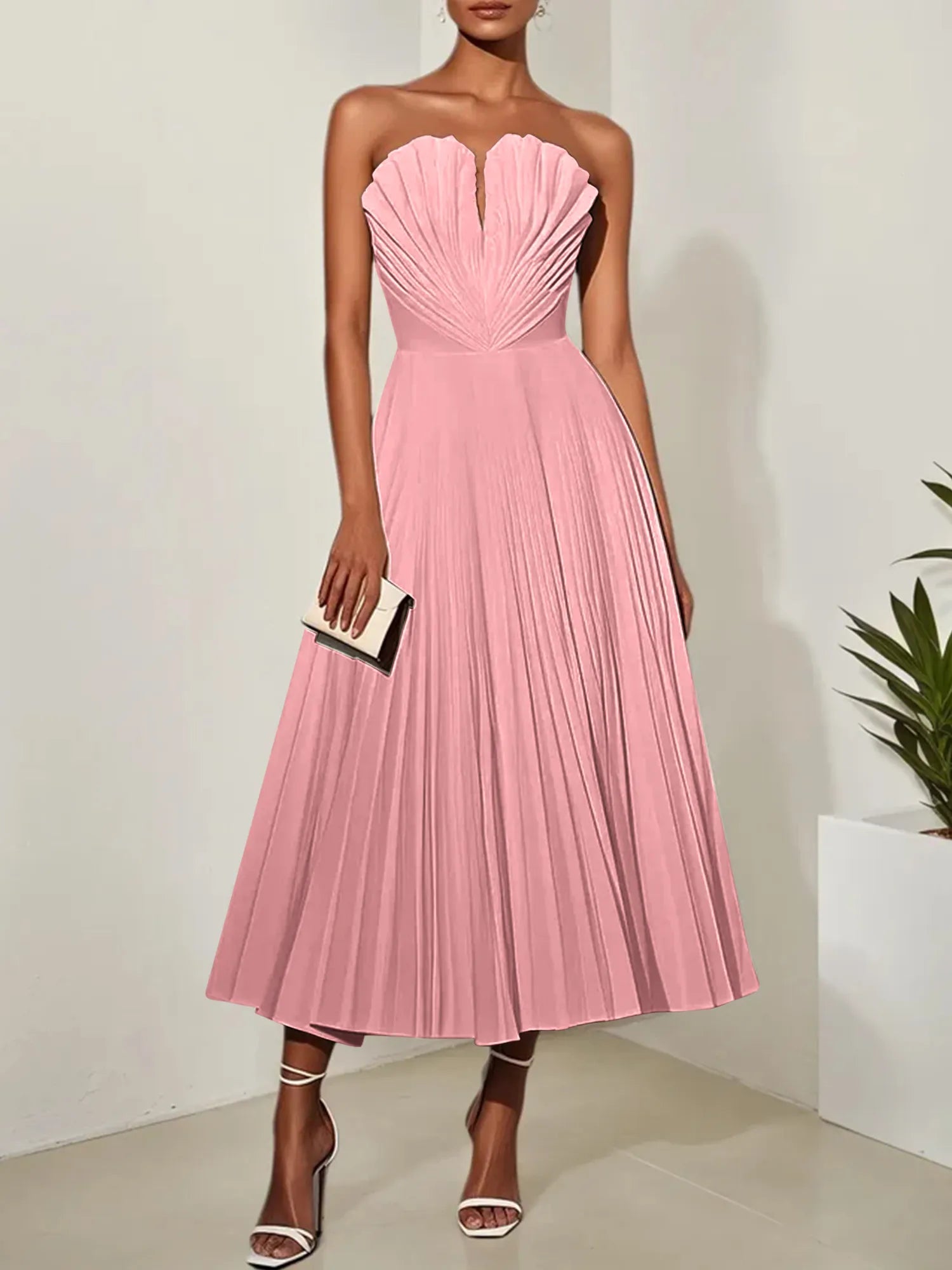 White Pleated Classic Strapless Sleeveless A-Line Midi Dress
