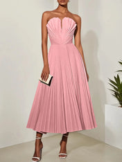 White Pleated Classic Strapless Sleeveless A-Line Midi Dress