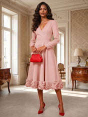 Formal Evening Gown Crimson 3D Rose Hem A-Line Midi Dress