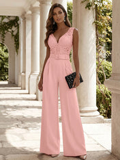 Women Pink Lace Deep V Neck Sleeveless Dressy Jumpsuit