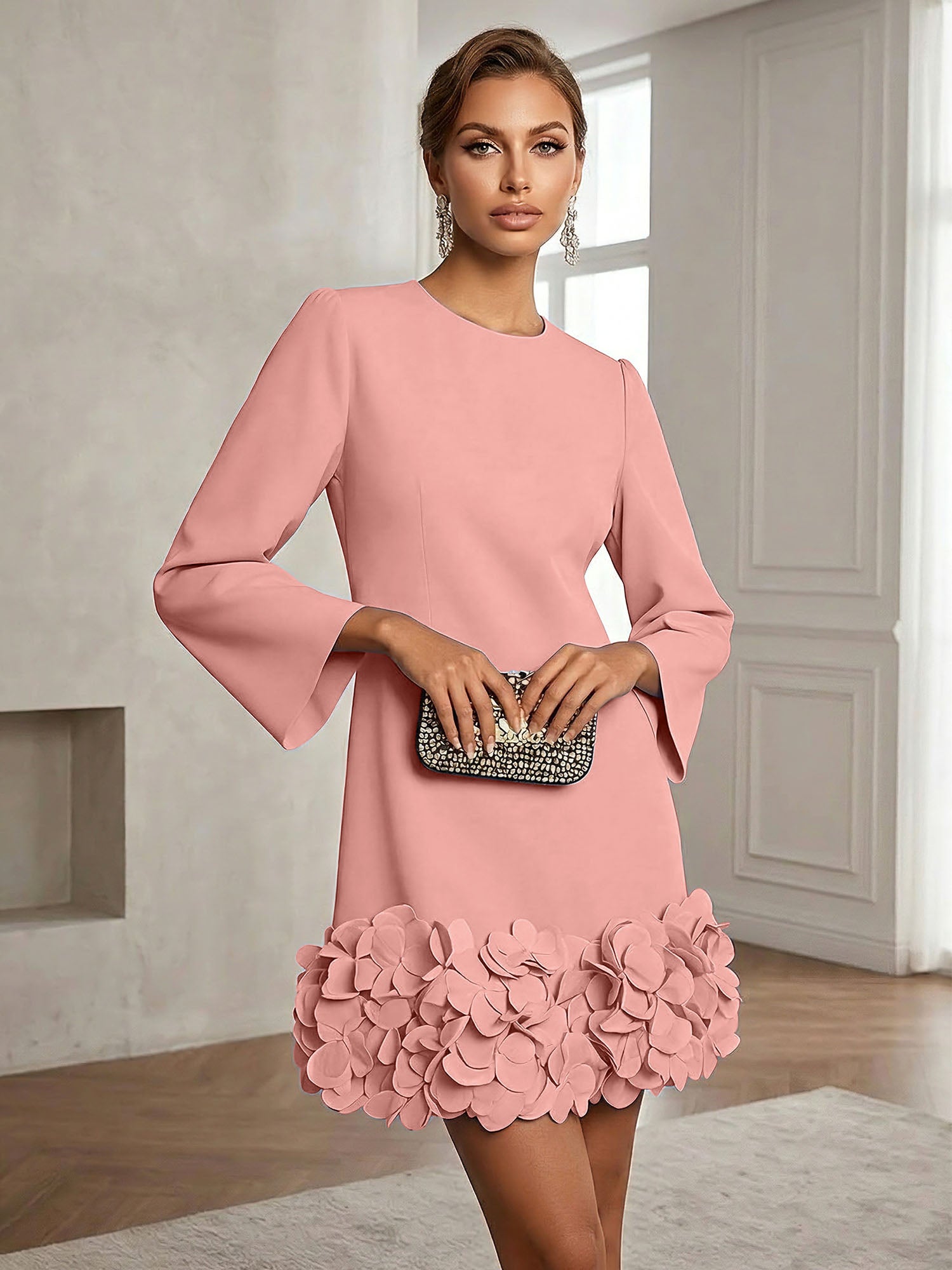 Powder Blue 3D Floral Classic Crew Neck Bell Long Sleeve Shift Mini Dress