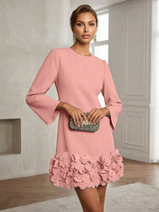 Powder Blue 3D Floral Classic Crew Neck Bell Long Sleeve Shift Mini Dress