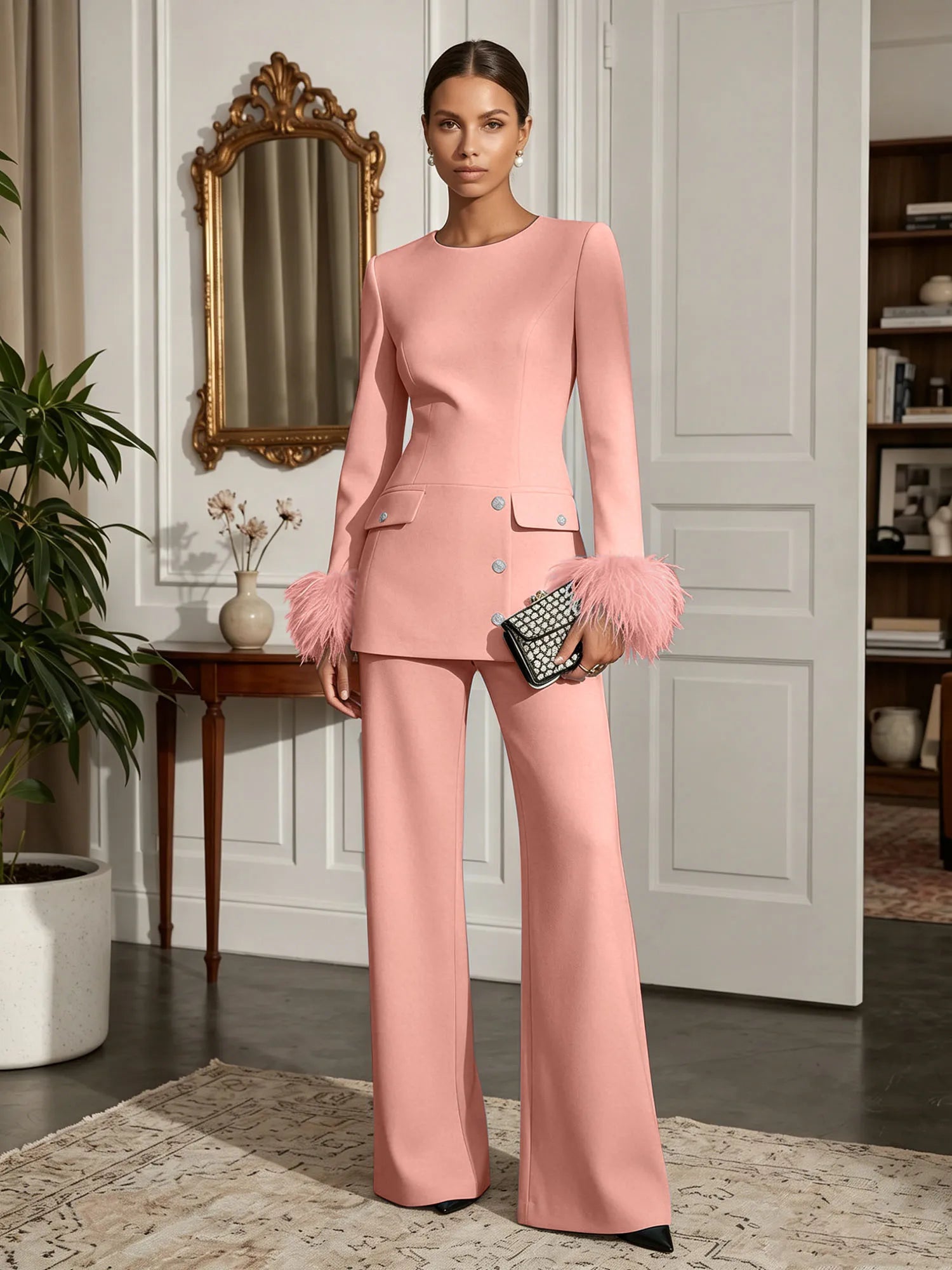 Women's White Two-Piece Set: Buckle Detail Feather-Trimmed Top & Straight-Leg Pants