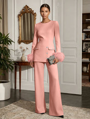 Women's White Two-Piece Set: Buckle Detail Feather-Trimmed Top & Straight-Leg Pants