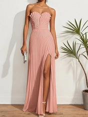 Pleated Classic Strapless Sleeveless A-Line Maxi Dress