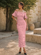 Black 3D Floral Off-The-Shoulder Ankle-Length Gown Dress