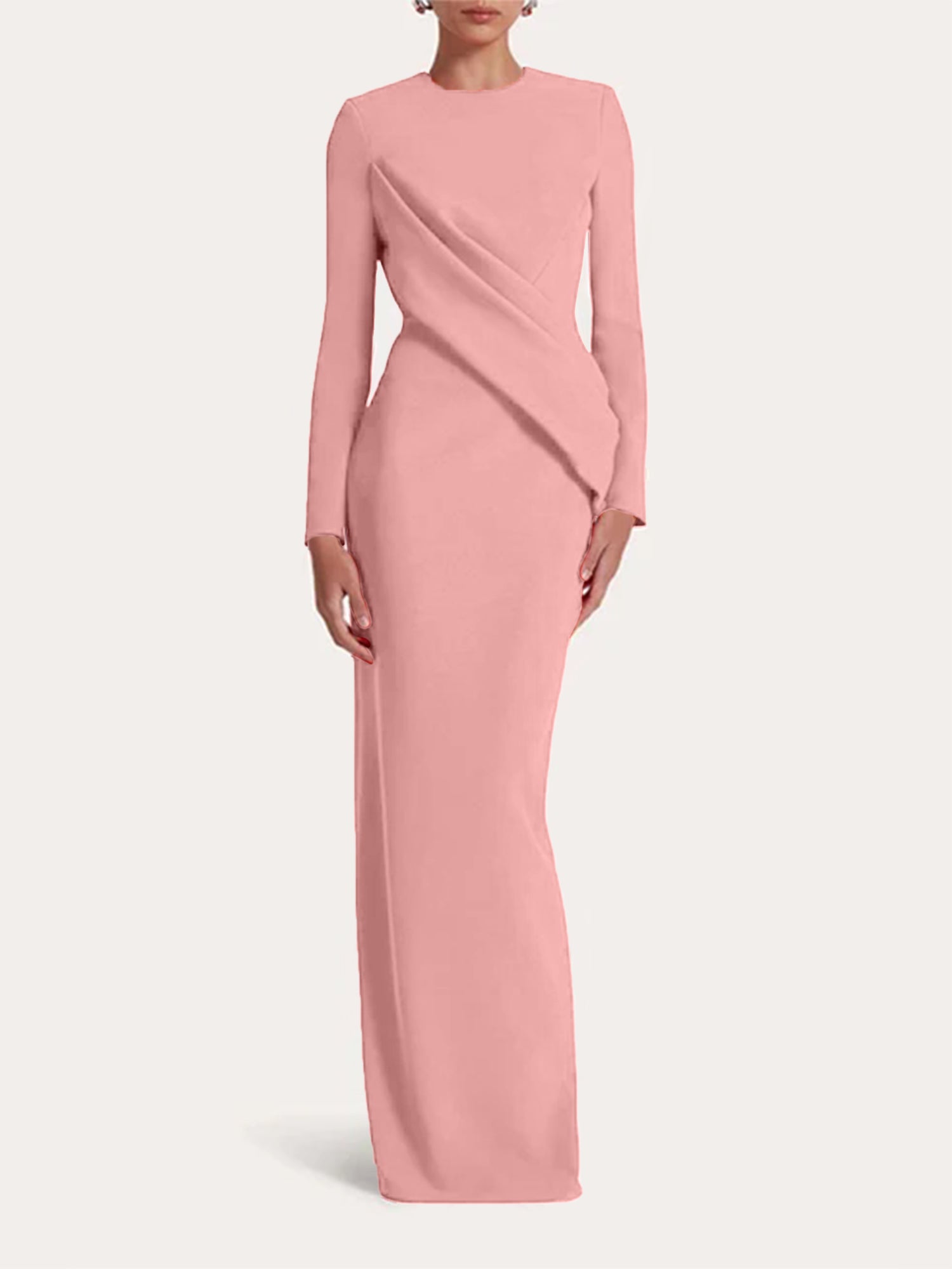 Red Sheath/Column Scoop Long Sleeves Chiffon Floor-Length Ruffles Formal Dress