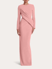 Red Sheath/Column Scoop Long Sleeves Chiffon Floor-Length Ruffles Formal Dress