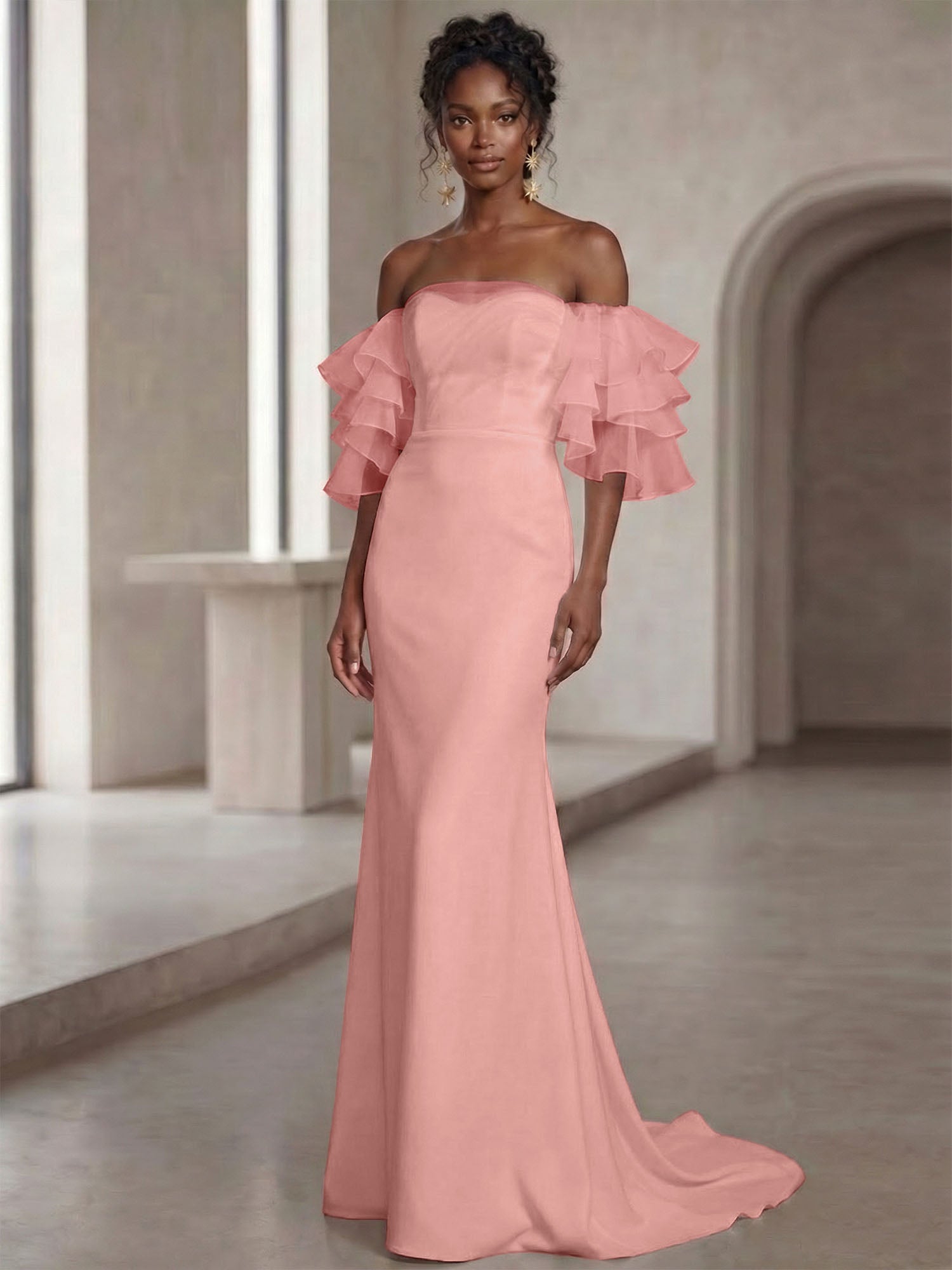 White Mermaid Off the Shoulder Ruffled Long Wedding Reception Dress