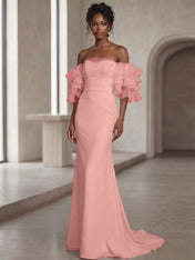 White Mermaid Off the Shoulder Ruffled Long Wedding Reception Dress