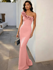 Navy Blue 3D Floral Classic One Shoulder Sleeveless Mermaid Gown Dress