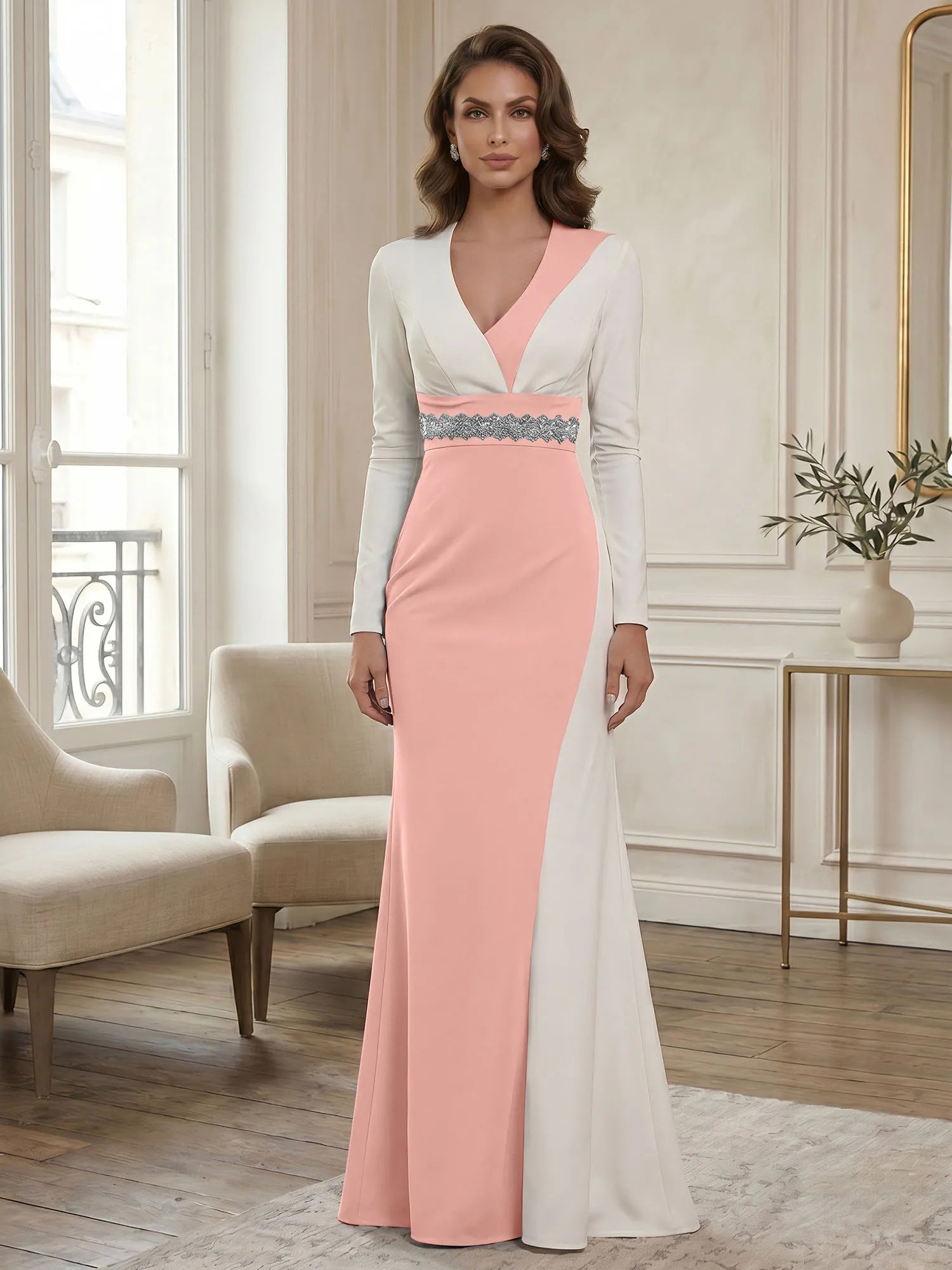 Elegant Navy & White Color-Block Long Sleeve Floor-Length Evening Gown Formal Dresses