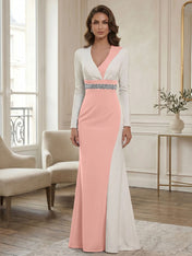 Elegant Navy & White Color-Block Long Sleeve Floor-Length Evening Gown Formal Dresses