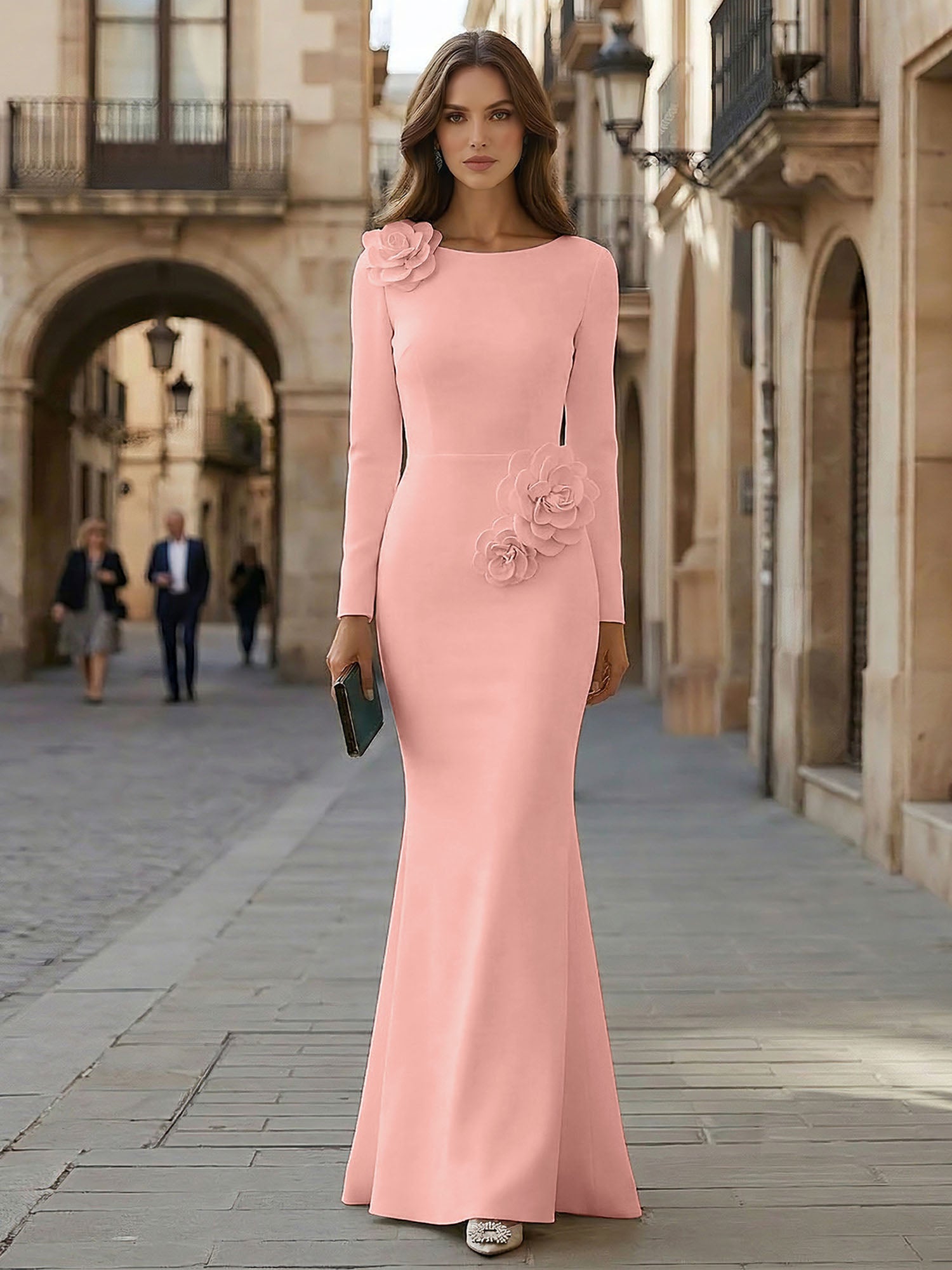 Elegant Pure White Formal Evening Dress Long-Sleeve 3D Floral Crepe Maxi Dress Gown