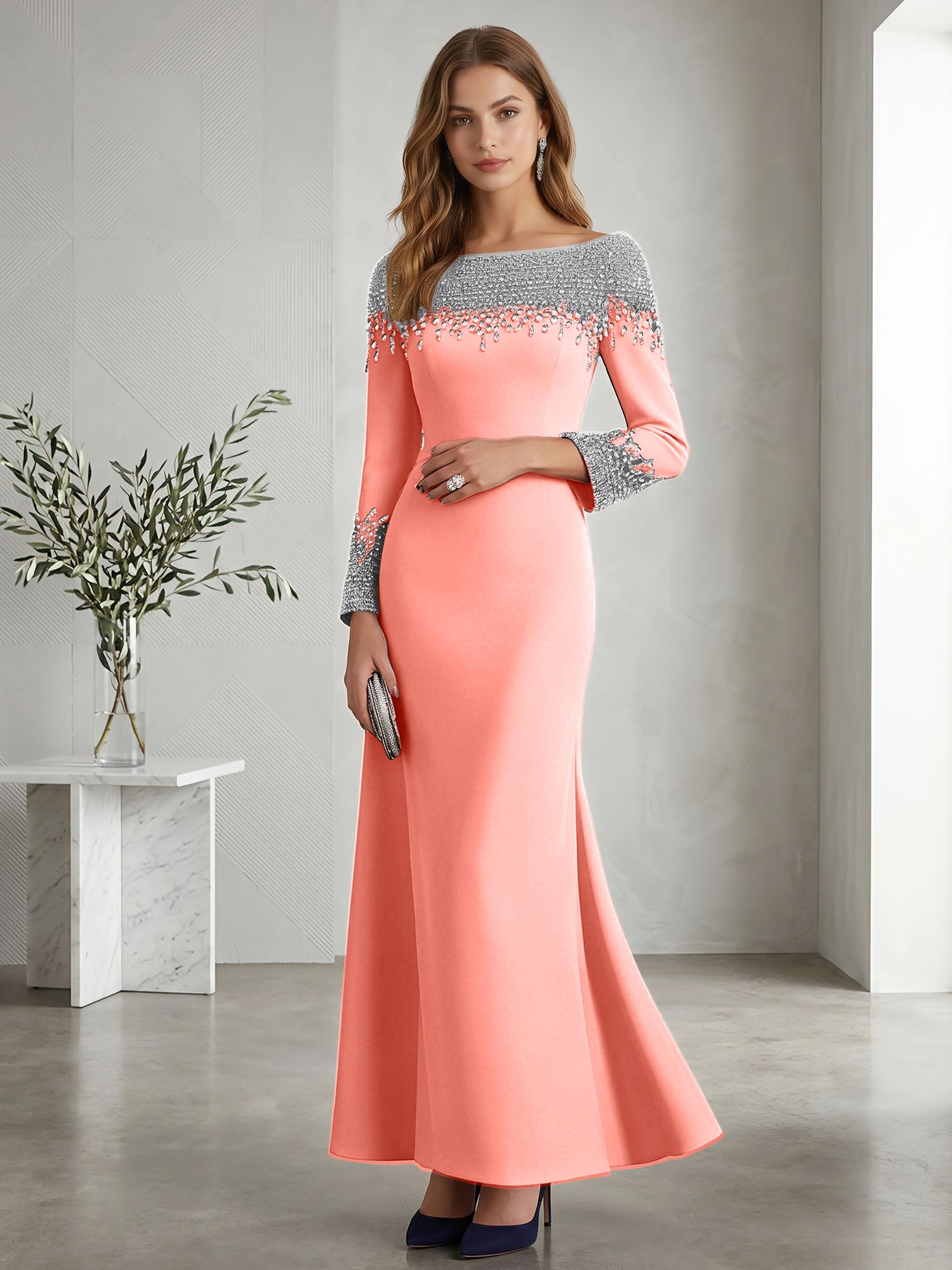 Formal Evening Dress Midnight Navy Velvet Long Sleeves Maxi Dress with Crystal