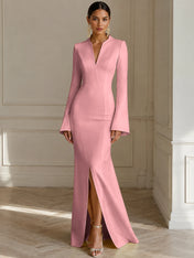 Formal Yellow V Neck Long Sleeves Floor Length Dress With Slit