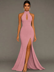 Mermaid Halter Neck Satin Formal Dress with Slit
