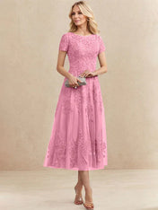 A-line Scoop Tea-Length Tulle Lace Mother of the Bride Dress