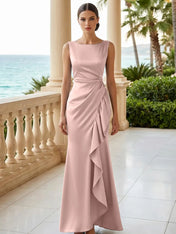 Dusty Blue Scoop Neck Evening Dress with Ruffle Mermaid Maxi Dress