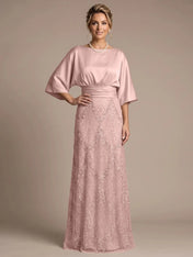 Bateau Neck Satin Evening Gown with 3/4 Batwing Sleeves Mother of The Bride Dresses