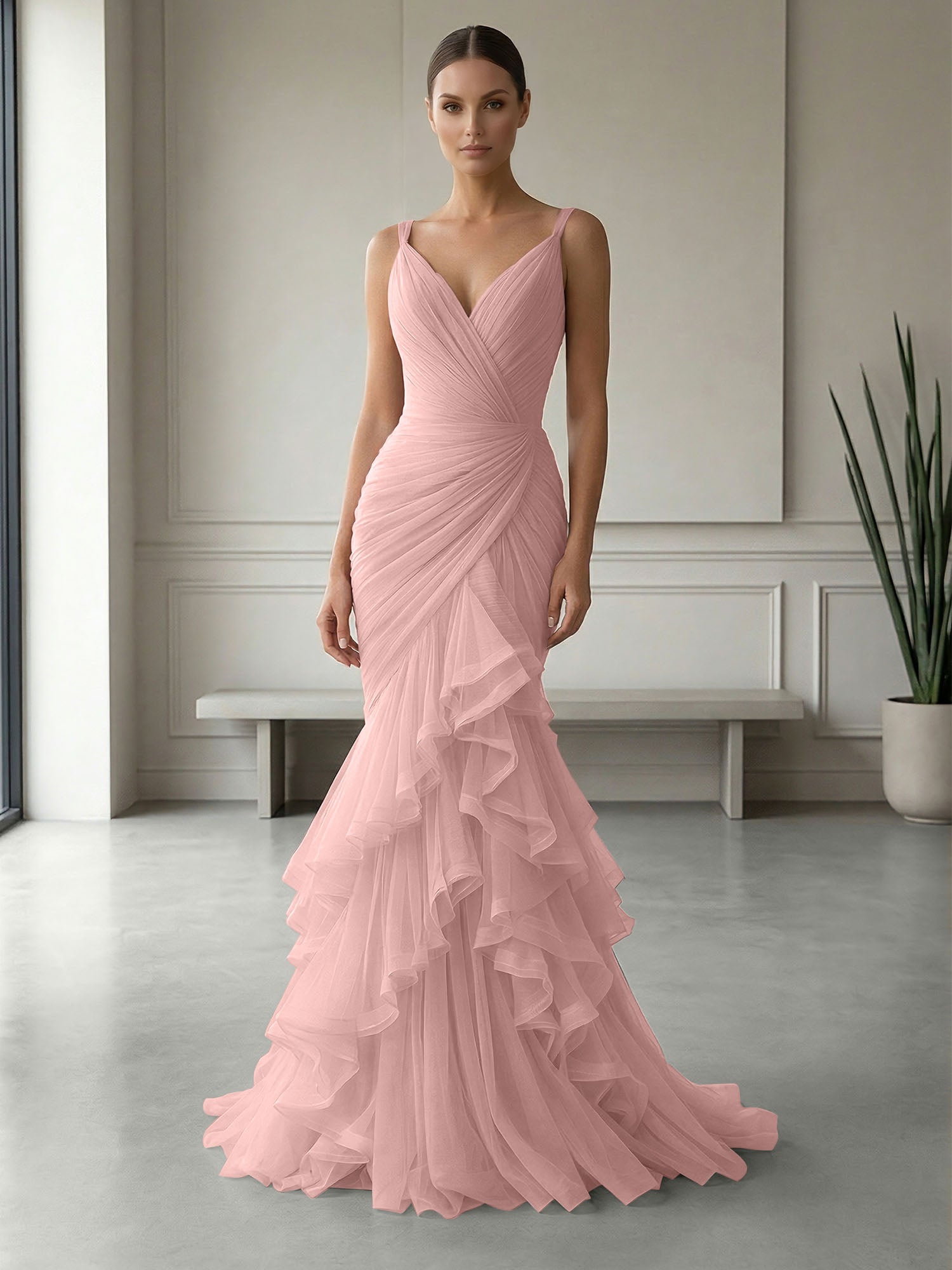 Mauve Folds Tulle Strapless Sleeveless Mermaid Gown Dress