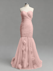 Dusty Rose Mermaid Strapless Ruched Tulle Prom Dress with 3D Floral