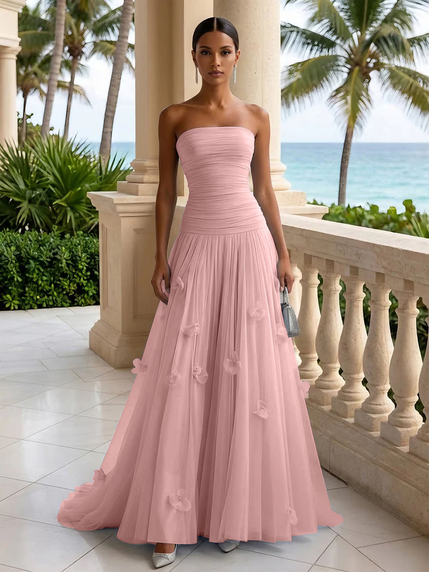 Light Blue Evening Dress with 3D Flower Strapless Pleat Maxi Dress