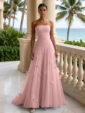 Light Blue Evening Dress with 3D Flower Strapless Pleat Maxi Dress