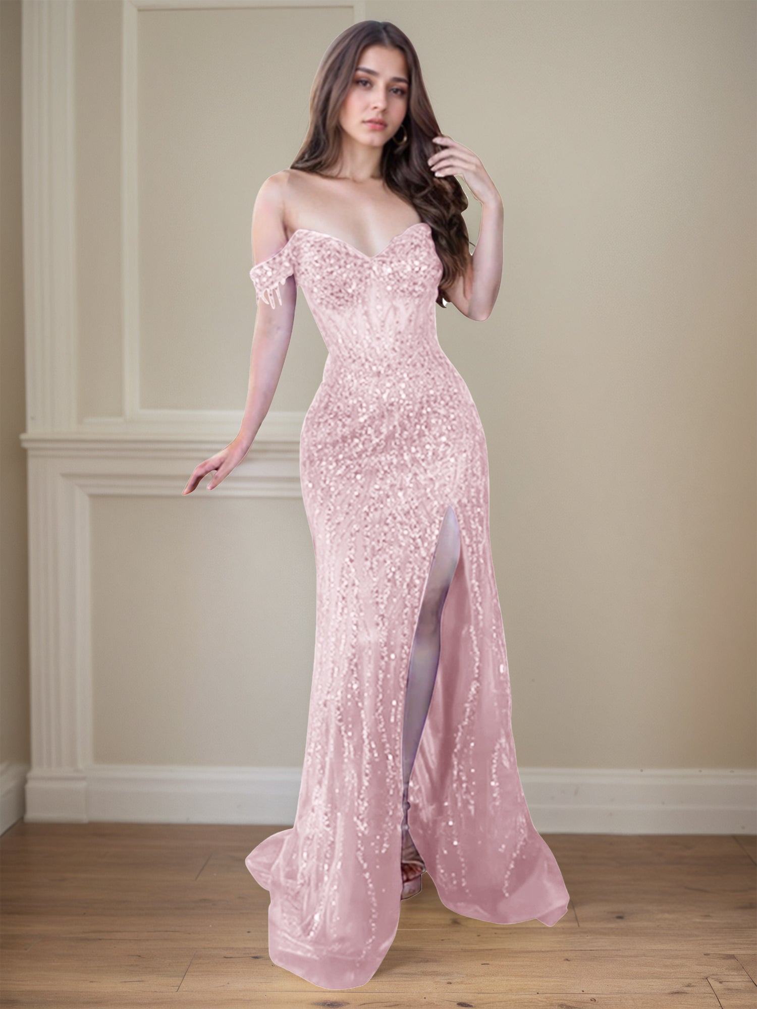 Red Off-the-Shoulder Beaded Tulle Long Prom Dress with Swirling Sequins