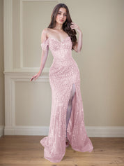 Red Off-the-Shoulder Beaded Tulle Long Prom Dress with Swirling Sequins