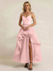 Black Tulle Ruffled A Line Long Formal Dress with Slit