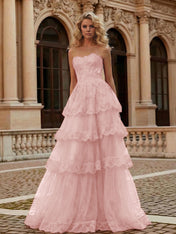 Red Tiered Tulle Strapless Lace Bodice A-Line Long Prom Dress