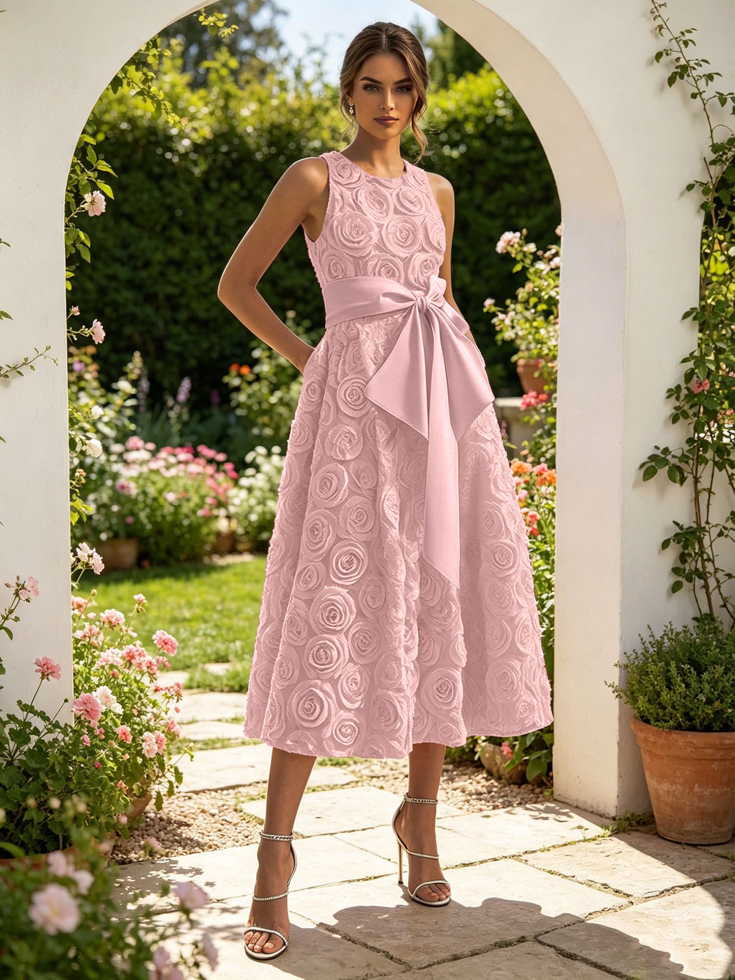 Pink 3D Floral Bow Crew Neck A-Line Midi Dress
