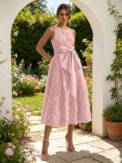 Pink 3D Floral Bow Crew Neck A-Line Midi Dress