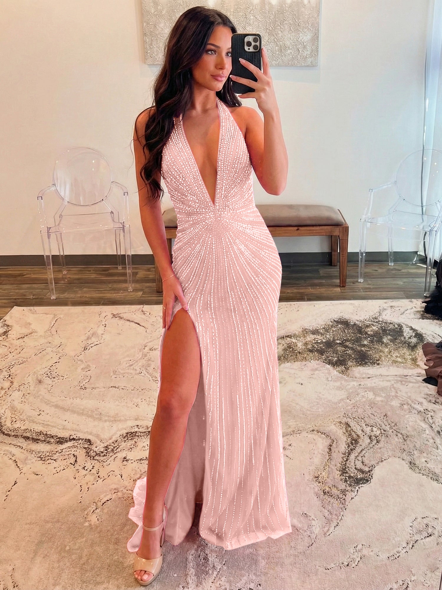 Hot Pink Starburst Beaded Halter Long Prom Dress with Slit
