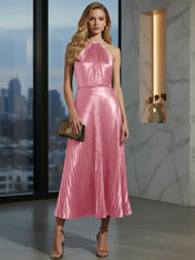 Luxurious Champagne-Gold Pleated Halter Midi Prom Dress