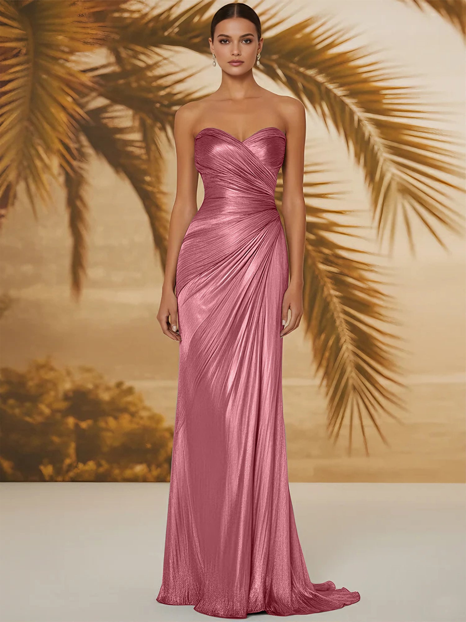 Evening Formal Dress V Neck Silk Ruffles Strapless Maxi Dress