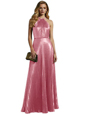 Luxurious Champagne-Gold Pleated Halter Long Prom Dress