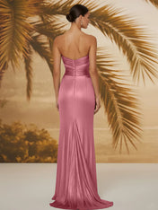 Evening Formal Dress V Neck Silk Ruffles Strapless Maxi Dress