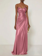 Evening Formal Dress V Neck Silver Silk Ruffles Strapless Maxi Dress