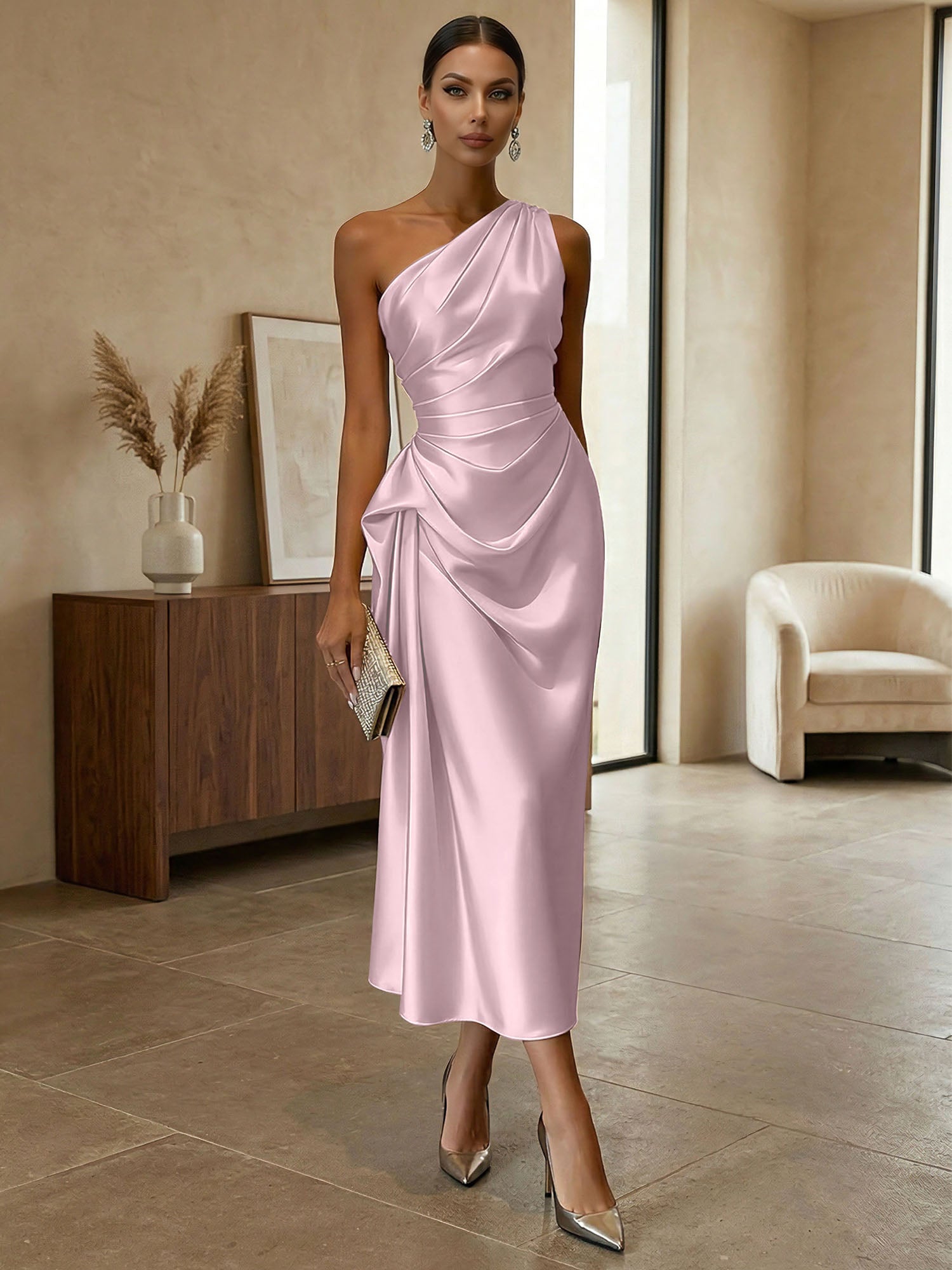 Champagne Ruched Satin One Shoulder Sleeveless Sheath Midi Dress
