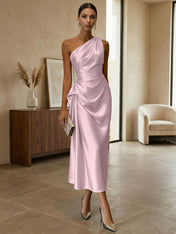 Champagne Ruched Satin One Shoulder Sleeveless Sheath Midi Dress