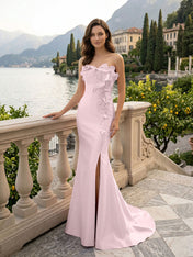 Pink Sweetheart Neckline 3D Flower Embellished Mermaid Evening Gown Maxi Dress