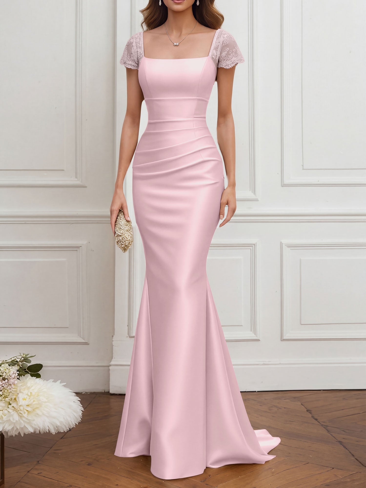 Mother of the Bride Dress Champagne Satin Square Neck Maxi Dress