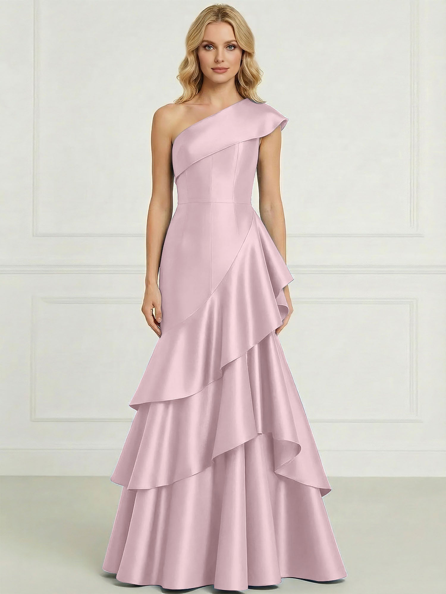 Formal Evening Dress Dark Blue One-Shoulder Satin Tiered Maxi Gown