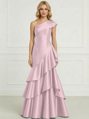 Formal Evening Dress Dark Blue One-Shoulder Satin Tiered Maxi Gown