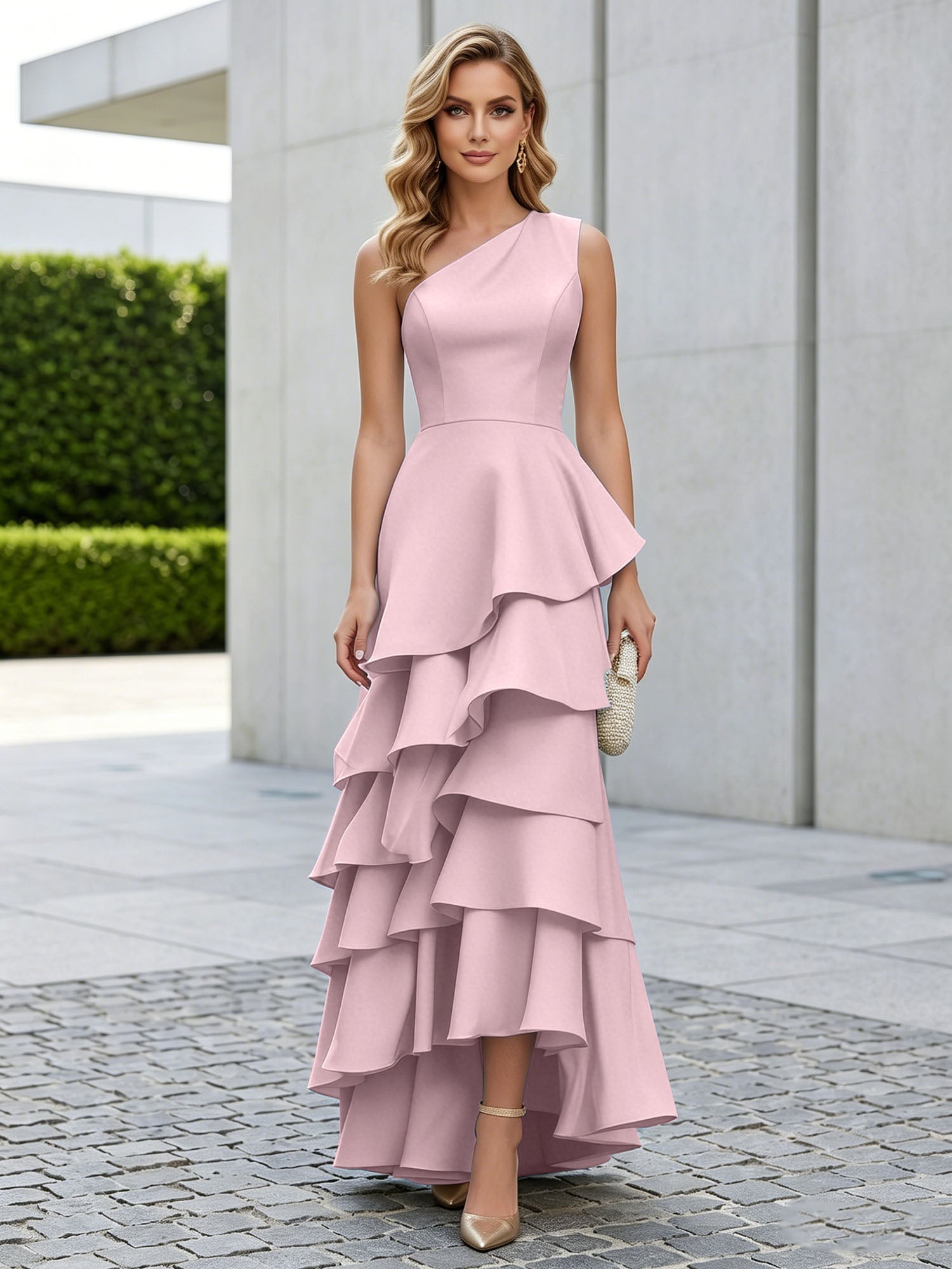 One Shoulder Tiered Ruffle Satin Mermaid Evening Gown with Sculptural Layers